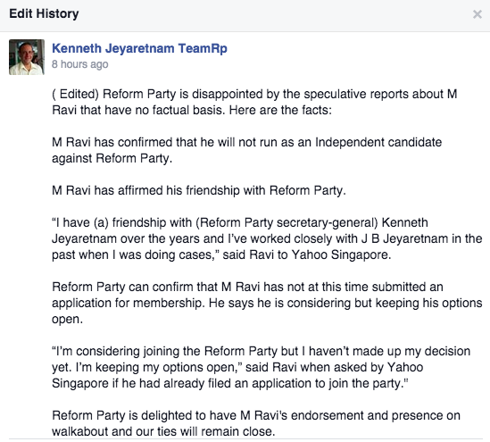 Screenshot from Kenneth Jeyaretnam's Facebook page