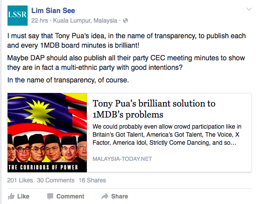 Screenshot from Lim Sin See's Facebook page