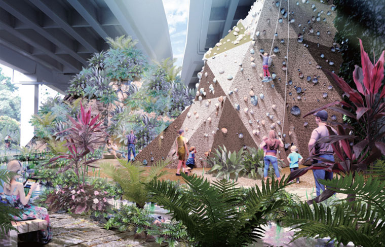 Mayfair Park - The Community Cave: The viaduct will have a combination of relaxing and active facilities such as community decks for yoga and a climbing wall for the more adventurous.