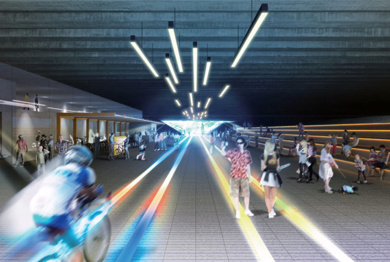 Queensway Viaduct - The Passage of Light: The viaduct space features an attractive interactive lighting, seating, community deck and amenities and a firefly swale garden.