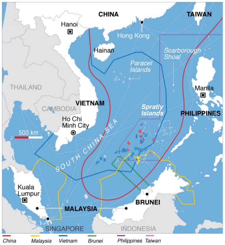 Claims over the South China Sea, including the Paracel and Spratly Islands. Photo from Wikipedia.