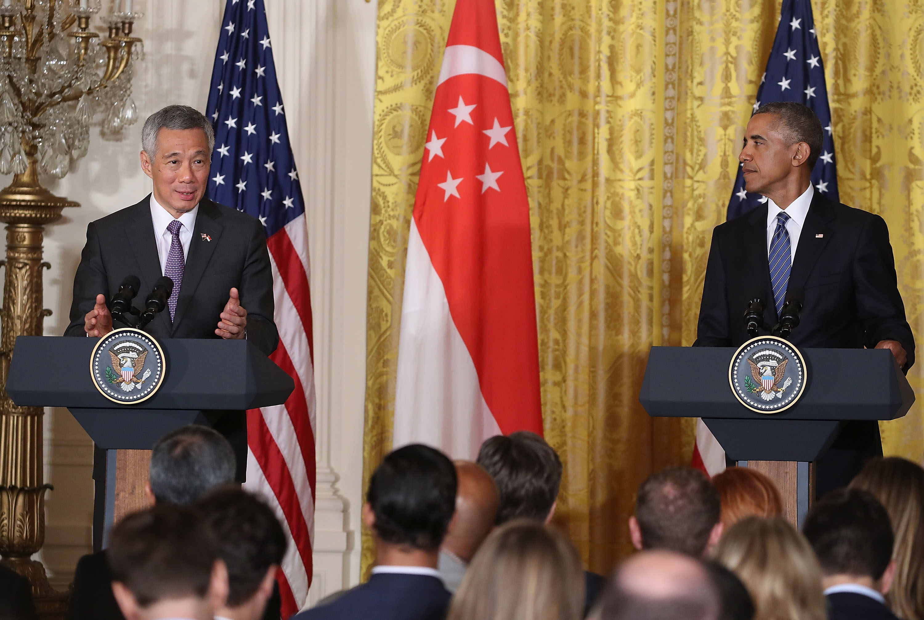 WASHINGTON, DC - AUGUST 02: US President Barack Obama, (R), and Singapore's Prime Minister Lee Hsien Loong, speak to the media during a news conference in the East Room at the White House August 2, 2016 in Washington, DC. Later this evening President Obama will host a State Dinner for Prime Minister Loong and his wife Ho Ching. (Photo by Mark Wilson/Getty Images)