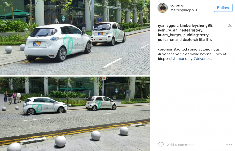 nuTonomy driverless cars plying the streets at One North. Photo from Instagram user @coromer