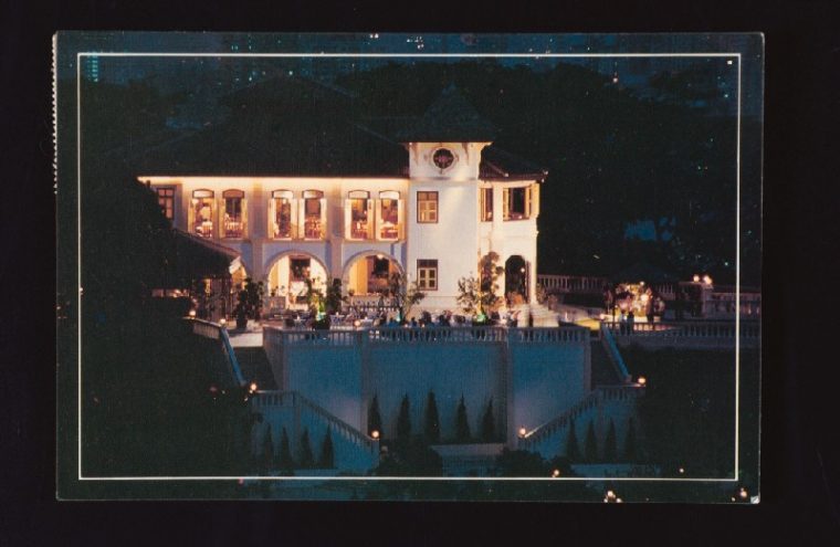 Alkaff Mansion at night, as depicted on a postcard. Source. 