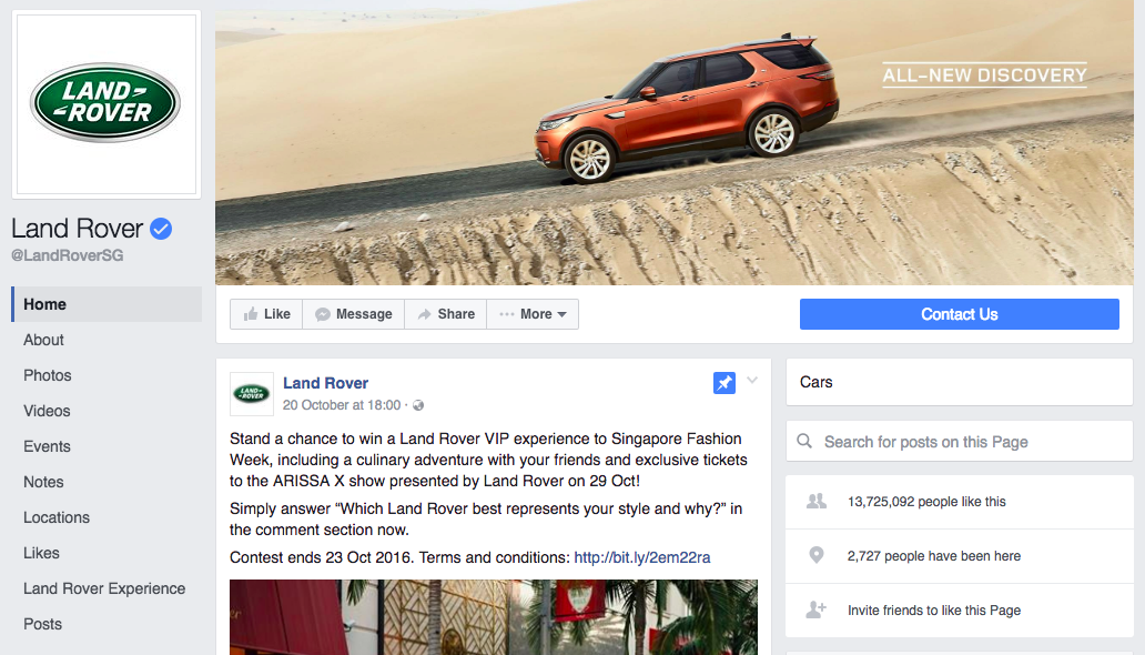 Screenshot from Land Rover's Facebook page