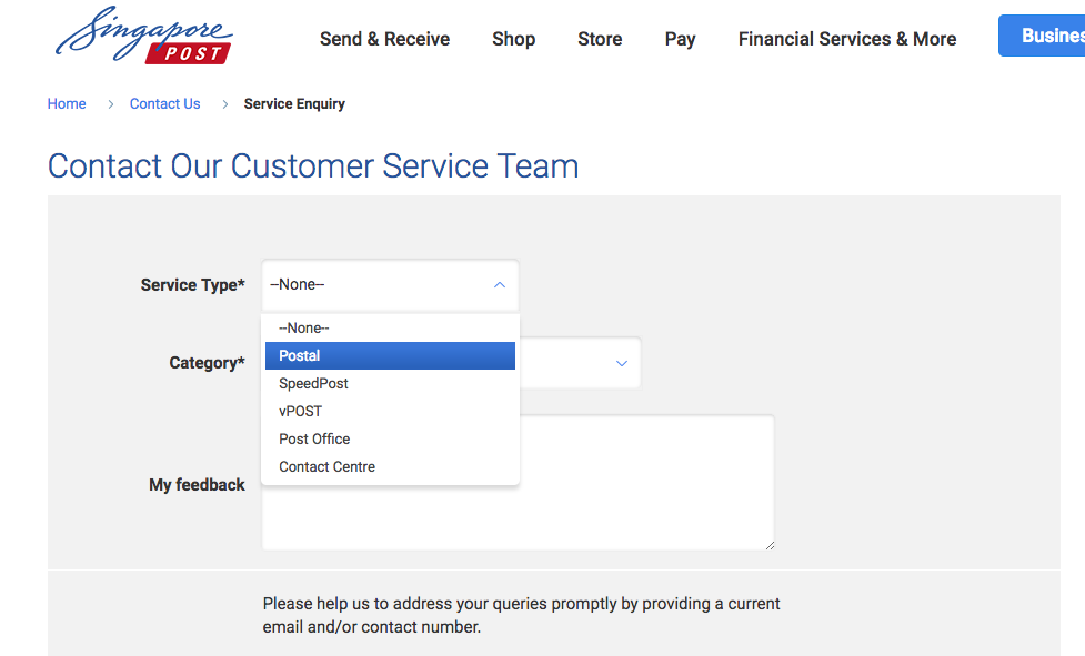 Screenshot from SingPost site