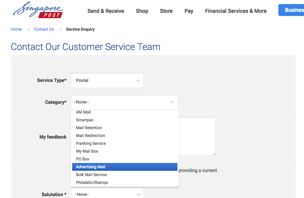 Screenshot from SingPost