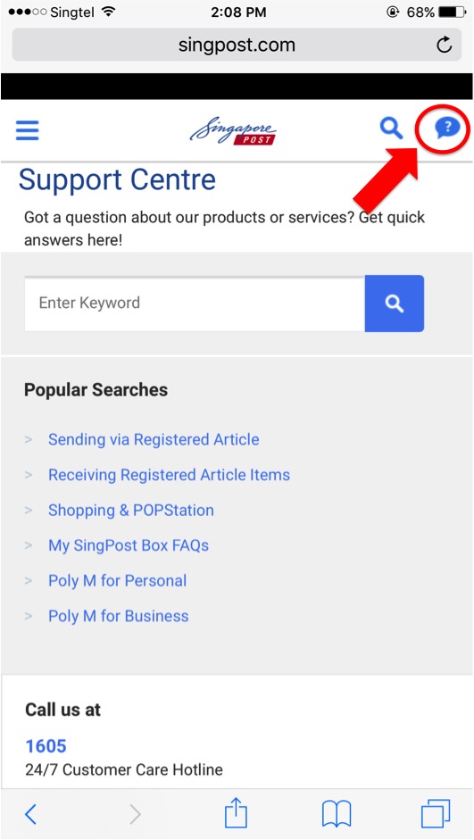Screenshot from Singpost.com.sg on mobile