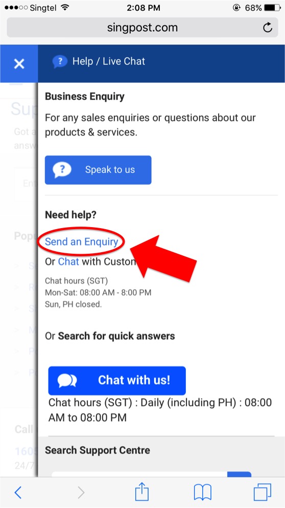 Screenshot from Singpost.com.sg on mobile
