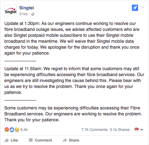 Screenshot from Singtel's Facebook page