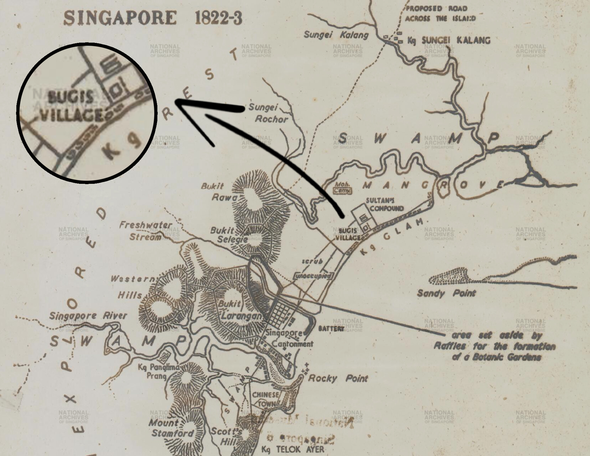 1822 map of Singapore Town. Adapted from National Archives. 