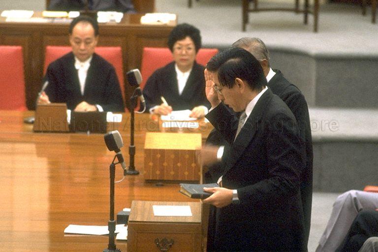 Swearing-in of Members of Parliament (MP) at opening session of the sixth Parliament - picture shows Opposition MP for Potong Pasir Chiam See Tong taking oath of allegiance. (Source: National Archives of Singapore) 