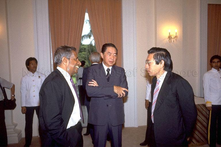 Swearing-in of Prime Minister and Cabinet Ministers at the Istana - Picture shows Speaker of Parliament Dr Yeoh Ghim Seng (centre) with Opposition party Members of Parliament for Anson J B Jeyaretnam (left) and for Potong Pasir Chiam See Tong at the reception in January 1985. (Source: National Archives of Singapore)