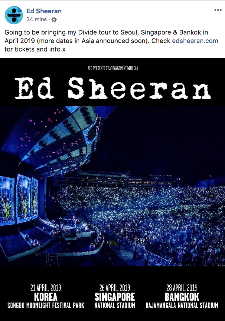 Tickets For Ed Sheeran S April 2019 S Pore Concert Goes On Sale Next Week Oct 26 Mothership Sg News From Singapore Asia And Around The World