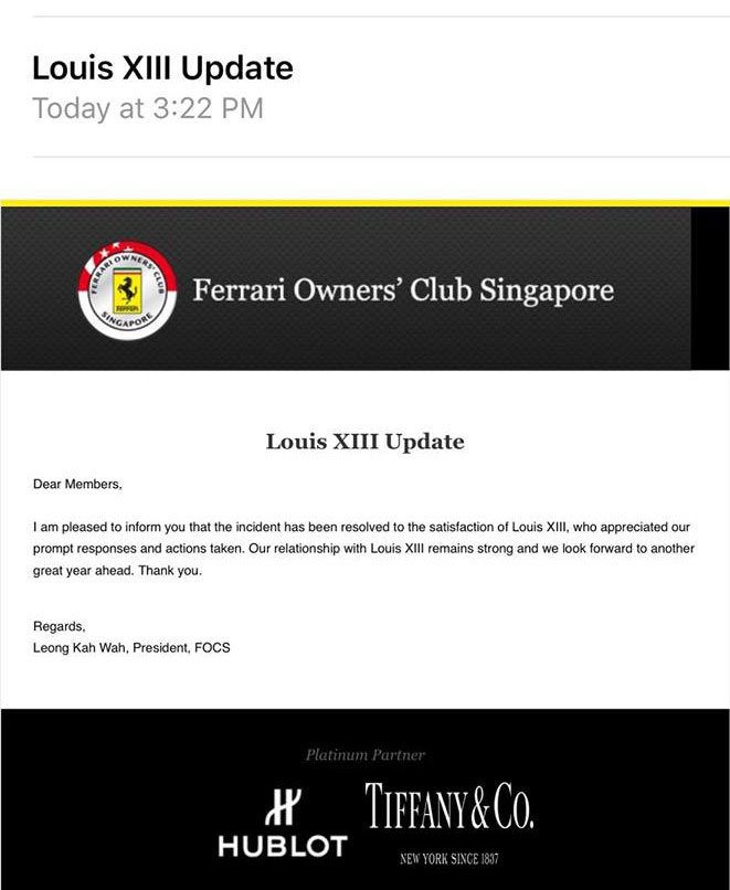 Ferrari Owners' Club S'pore president appealing for members to return 50 or  more Louis XIII crystal glasses worth hundreds each -  - News  from Singapore, Asia and around the world