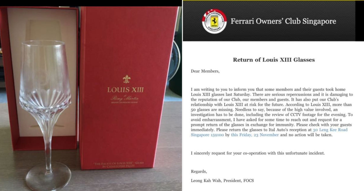 Ferrari Owners' Club S'pore president appealing for members to return 50 or  more Louis XIII crystal glasses worth hundreds each -  - News  from Singapore, Asia and around the world