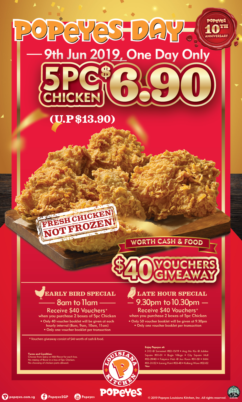 Popeyes S'pore selling 5-piece chicken at S$6.90 only on June 9, 2019 ...