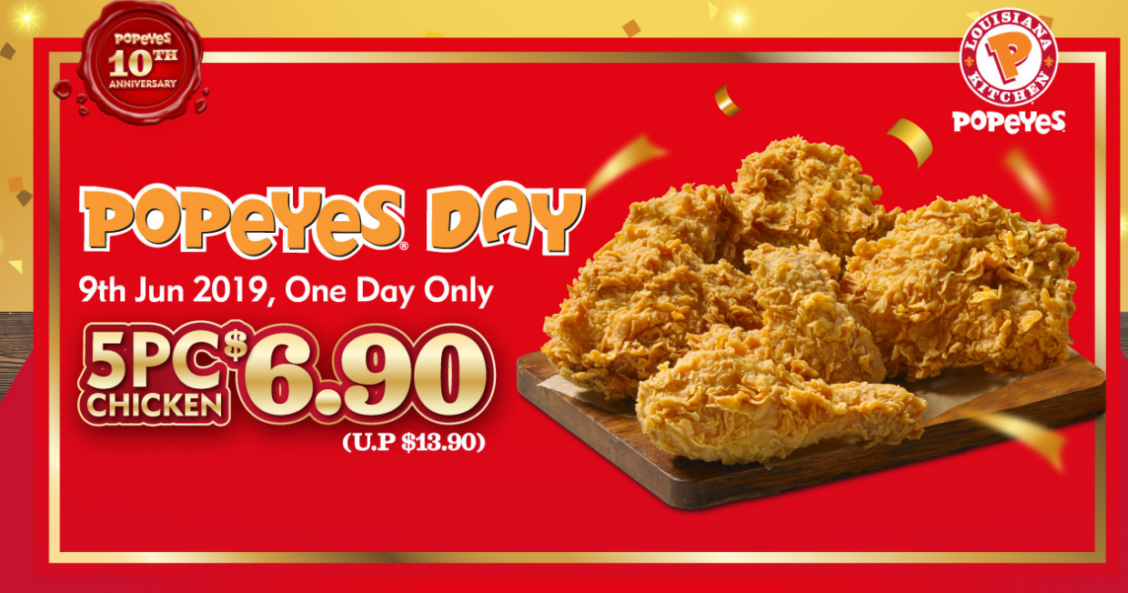 Popeyes S'pore selling 5-piece chicken at S$6.90 only on June 9, 2019 ...