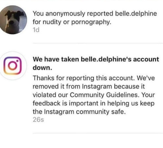 Bathwater seller Belle Delphine's Instagram account was removed
