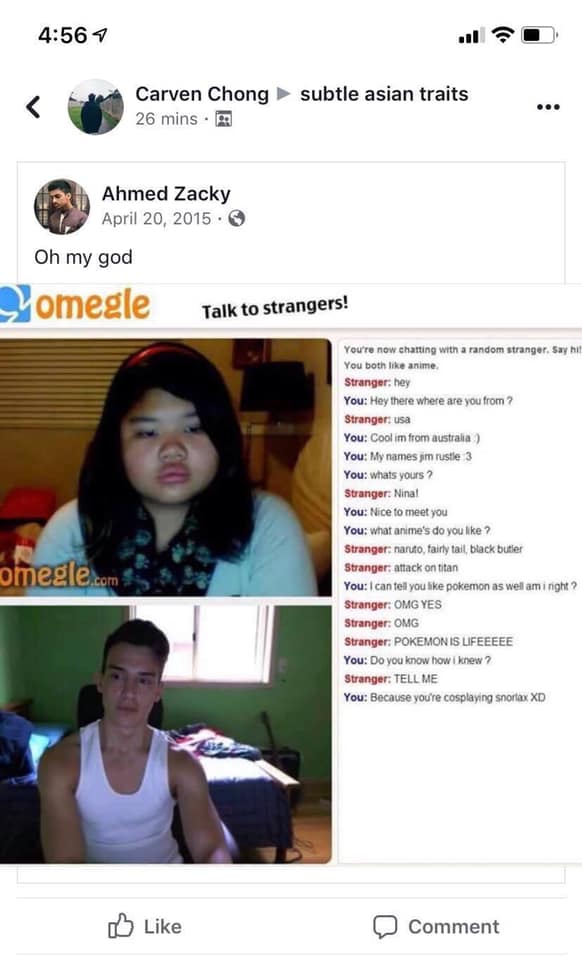 Snorlax' girl from Omegle chat posts in Subtle Asian Traits, cried