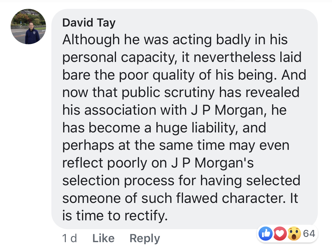 Commenters on JP Morgan Facebook page angry about an employee's abusive behavior