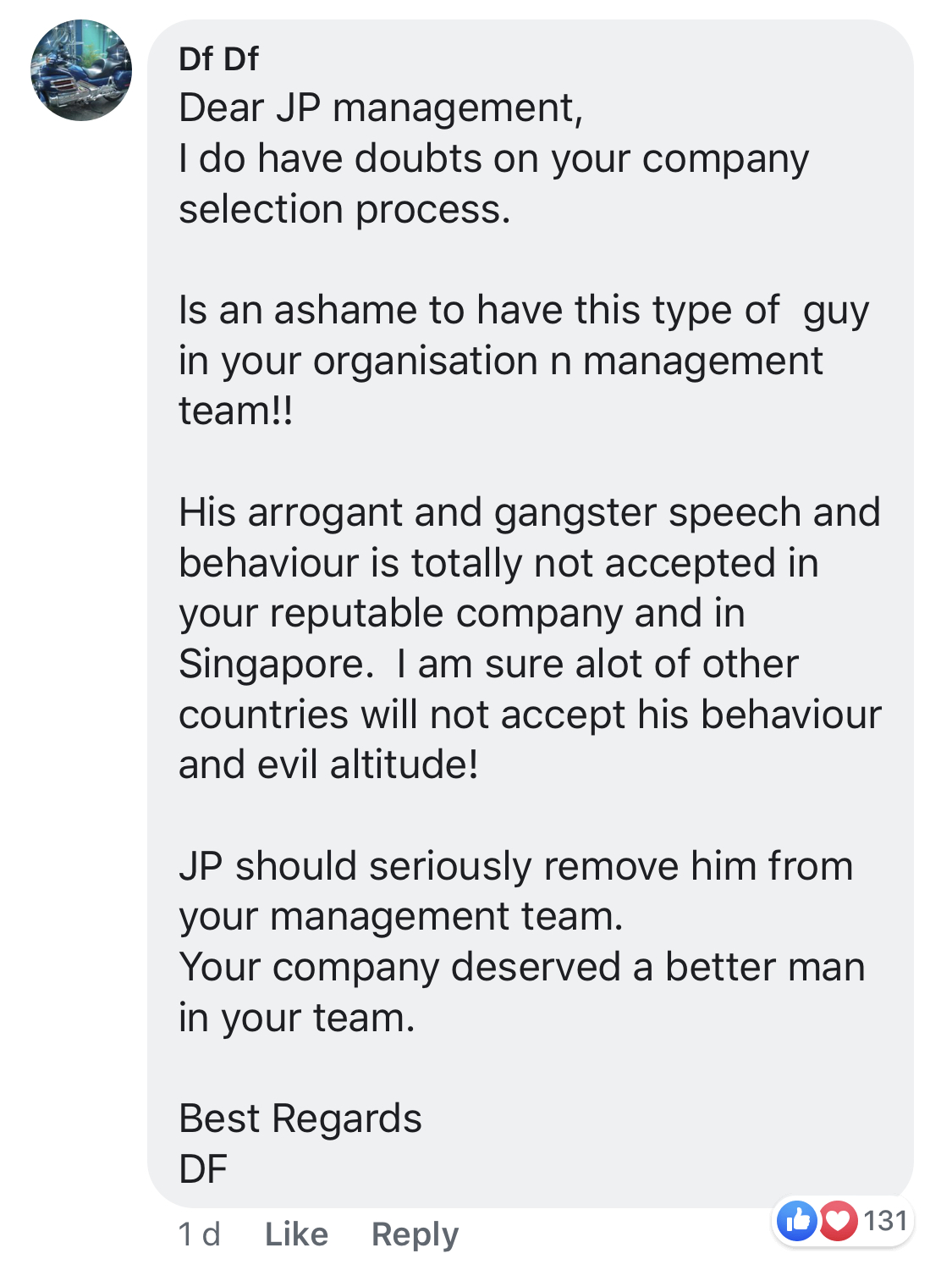 Commenters on JP Morgan Facebook page angry about an employee's abusive behavior
