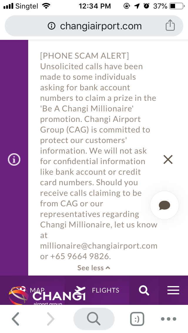 screenshot of phone scam alert on Changi website