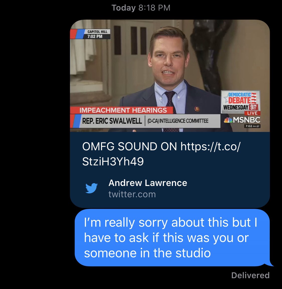 screenshot of messages between addy baird and eric swalwell