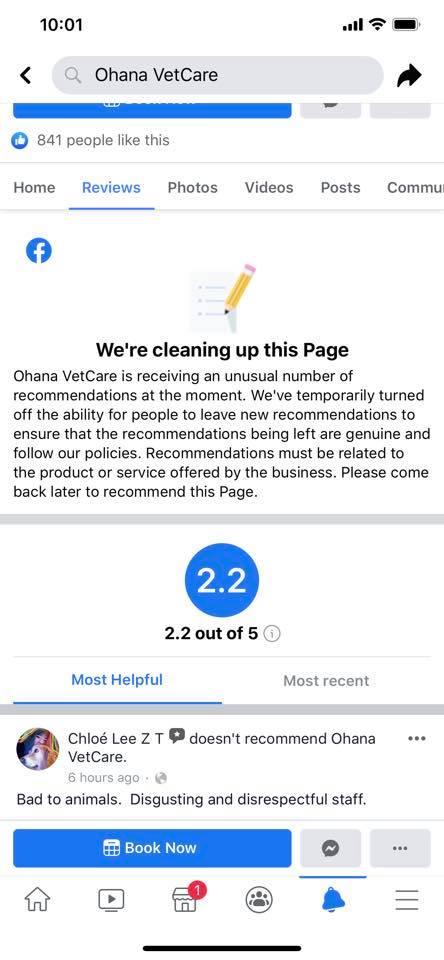 screenshot of Ohana VetCare Facebook page reviews