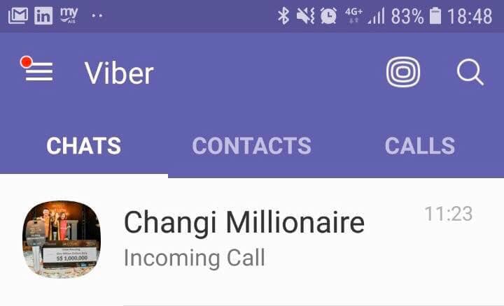 screenshot of Viber call from Changi Millionaire scam