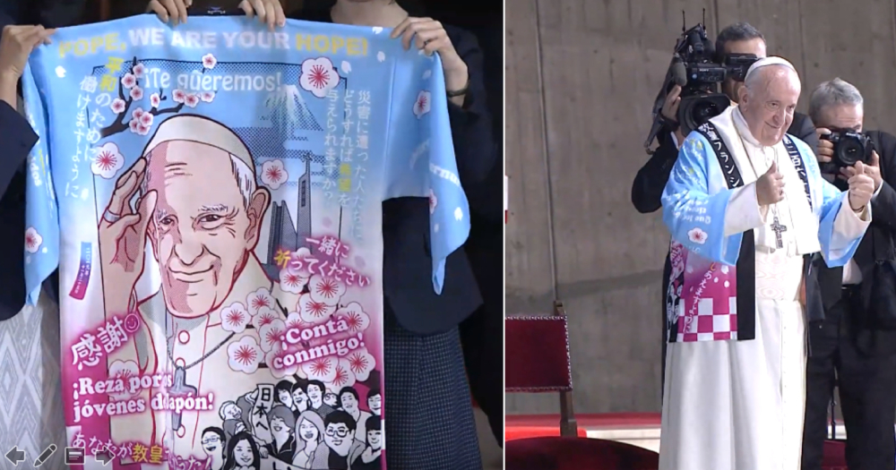 Pope dons traditional coat with anime image of his face to greet the  Japanese  - News from Singapore, Asia and around the world