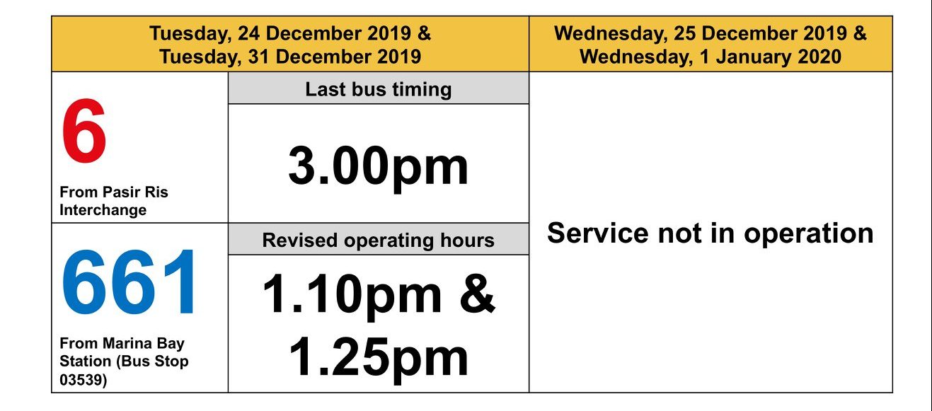 Revised operating hours city bus Singapore new year's eve 2019 2020
