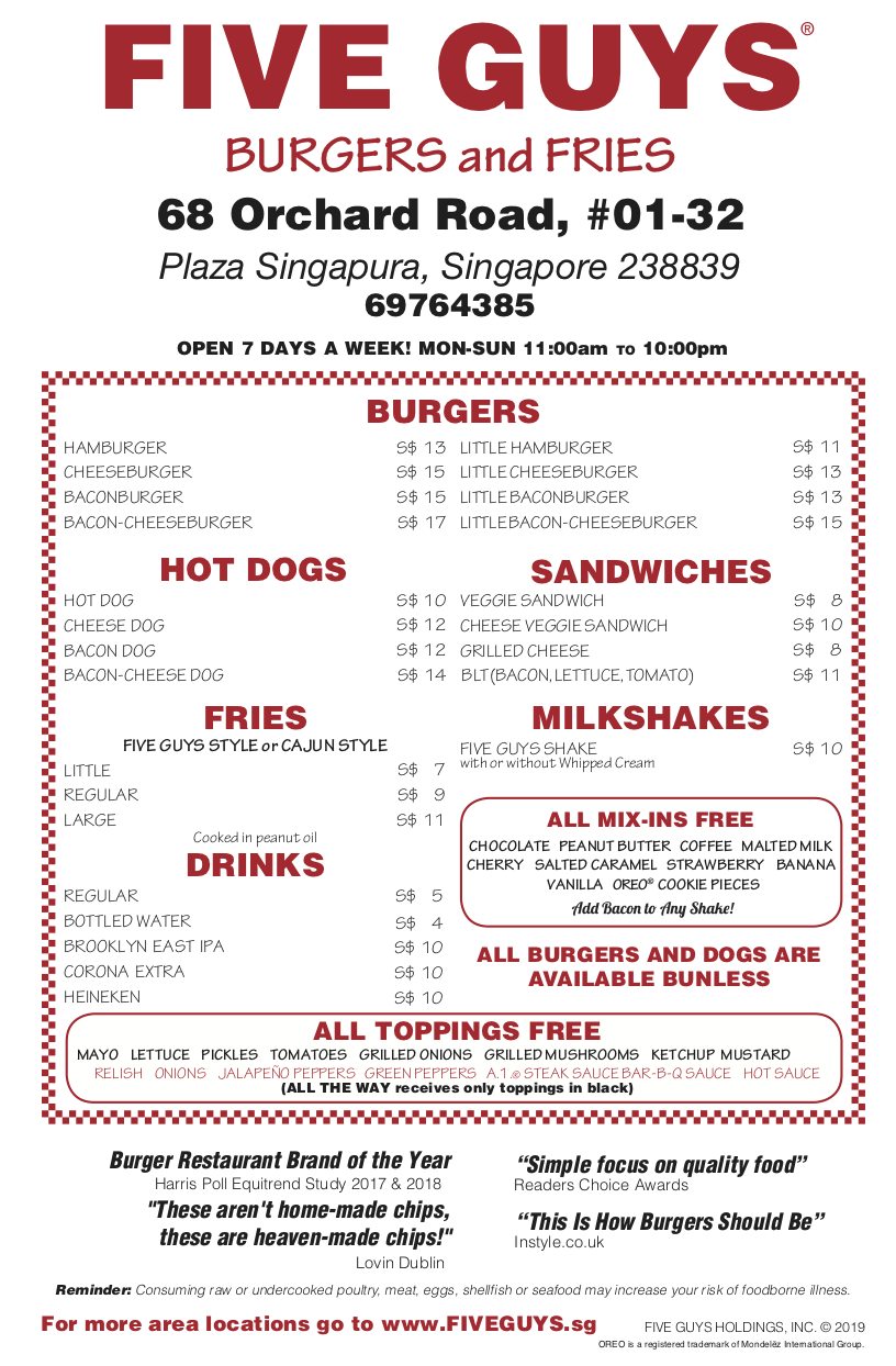 Five Guys opening at Plaza Singapura on Dec. 16, 2019, full menu here