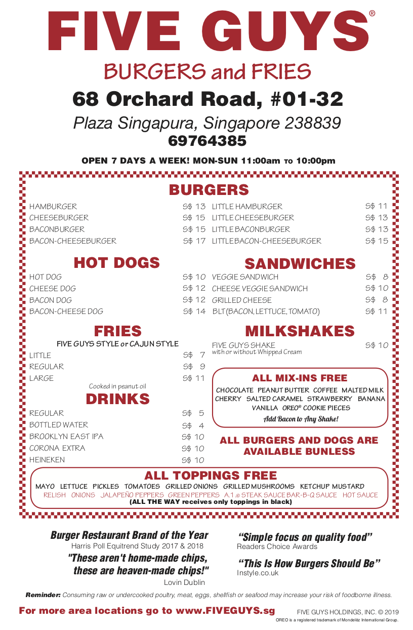 Five Guys Opening At Plaza Singapura On Dec 16 2019 Full Menu Here 