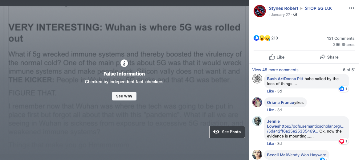 screenshot of false claim of 5G and coronavirus