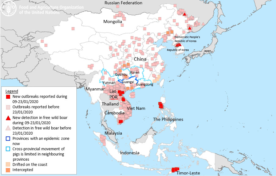 ASF situation in Asia (August 2018 to 23 Jan 2020)