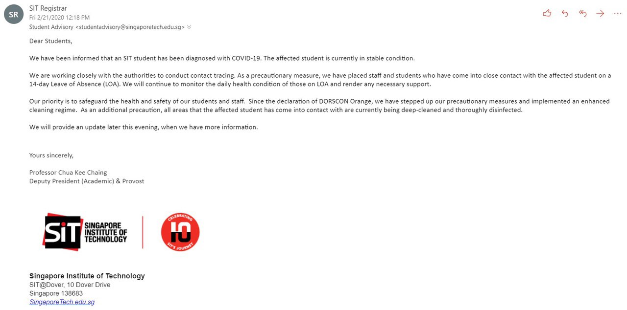 screenshot of email advisory from SIT