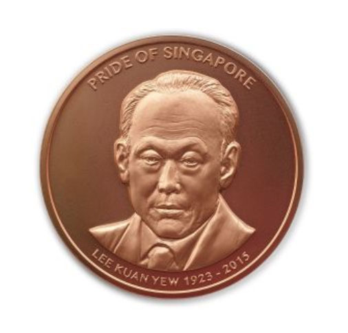 Lee Kuan Yew's face minted into a series of medallions.