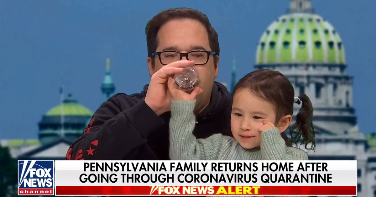 Father on Fox News repeatedly coughs during interview segment about his family's for coronavirus quarantine experience.