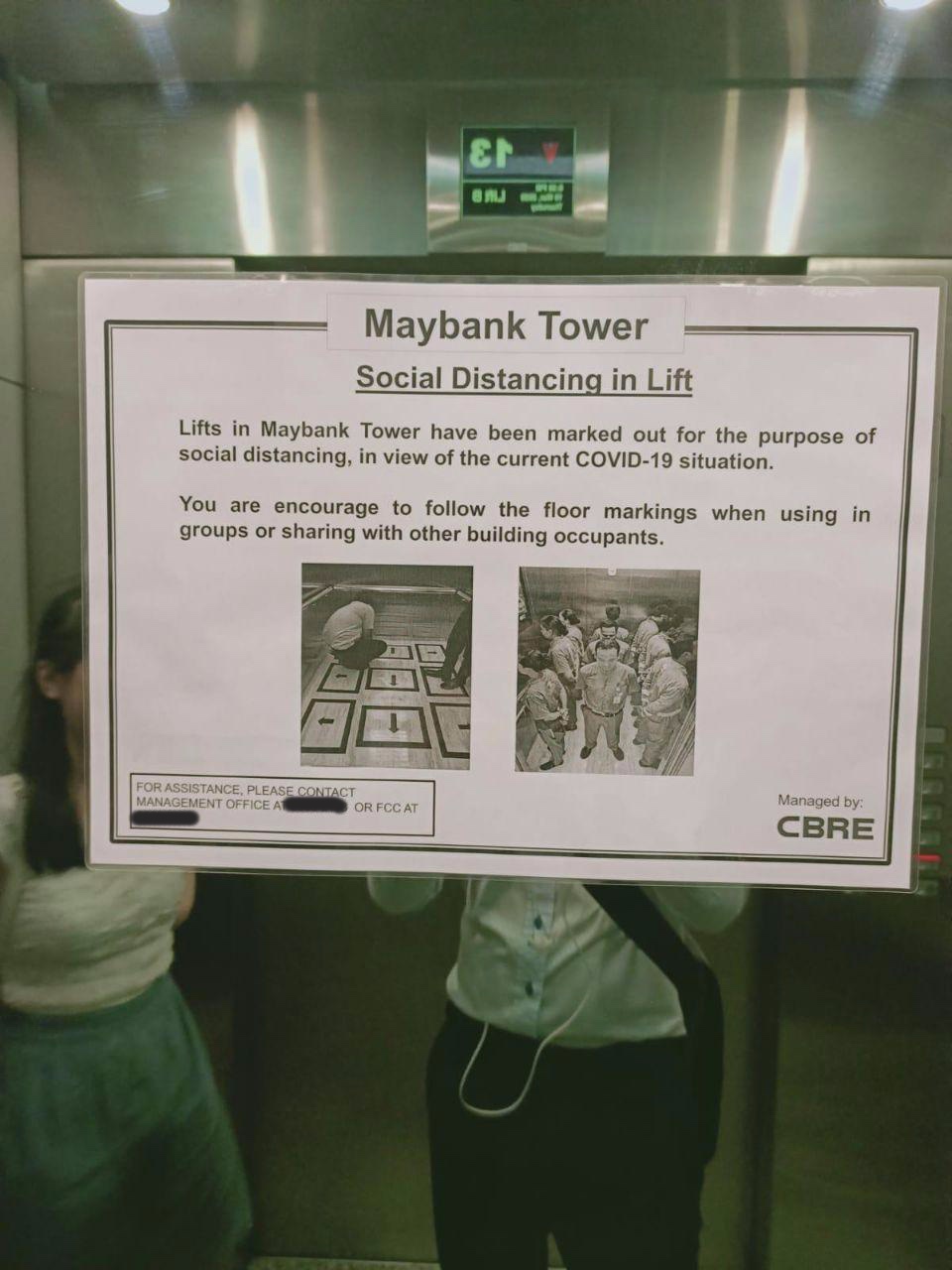 social distancing measure in lift by maybank tower management