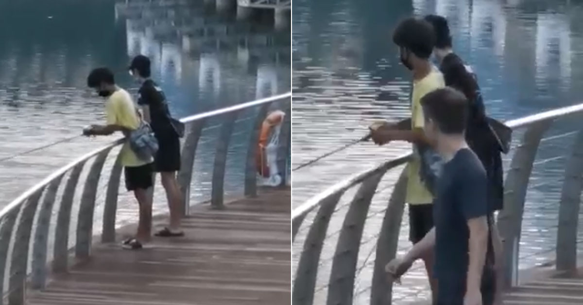 YOUNG PUNKS ILLEGALLY FISHING IN WATERS IN FRONT OF LOUIS VUITTON @MBS