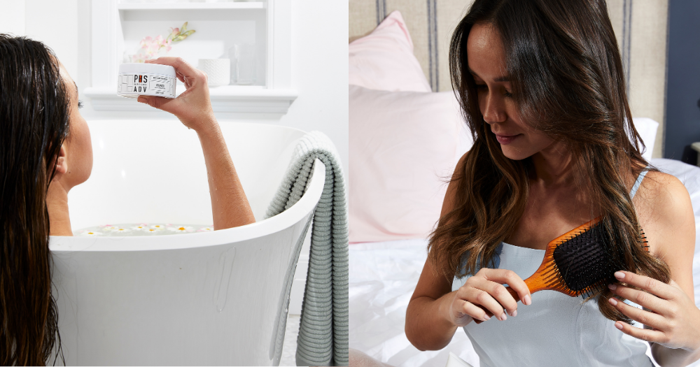 left woman holding adv hydration cream & right woman brushing her hair