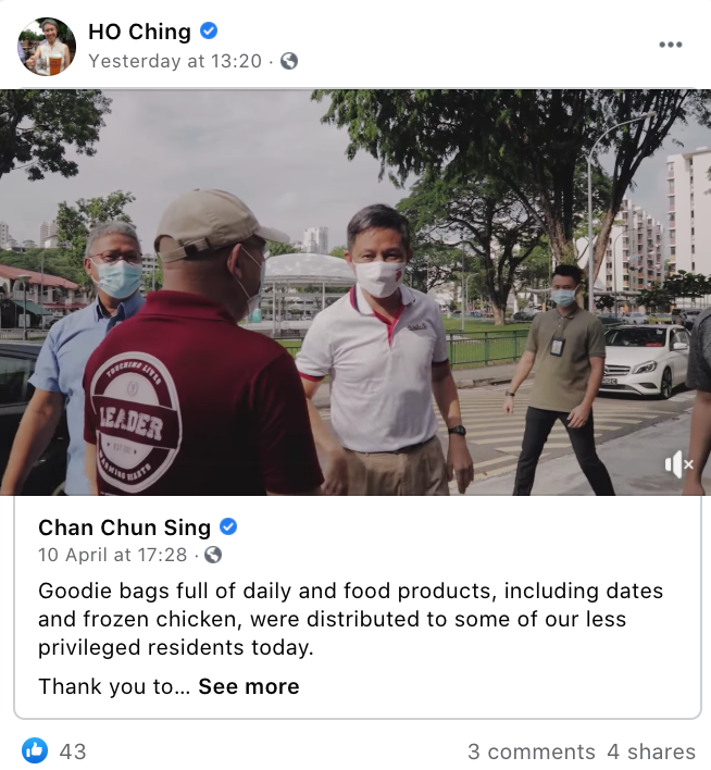 Image of Ho Ching sharing Chan Chun Sing's post