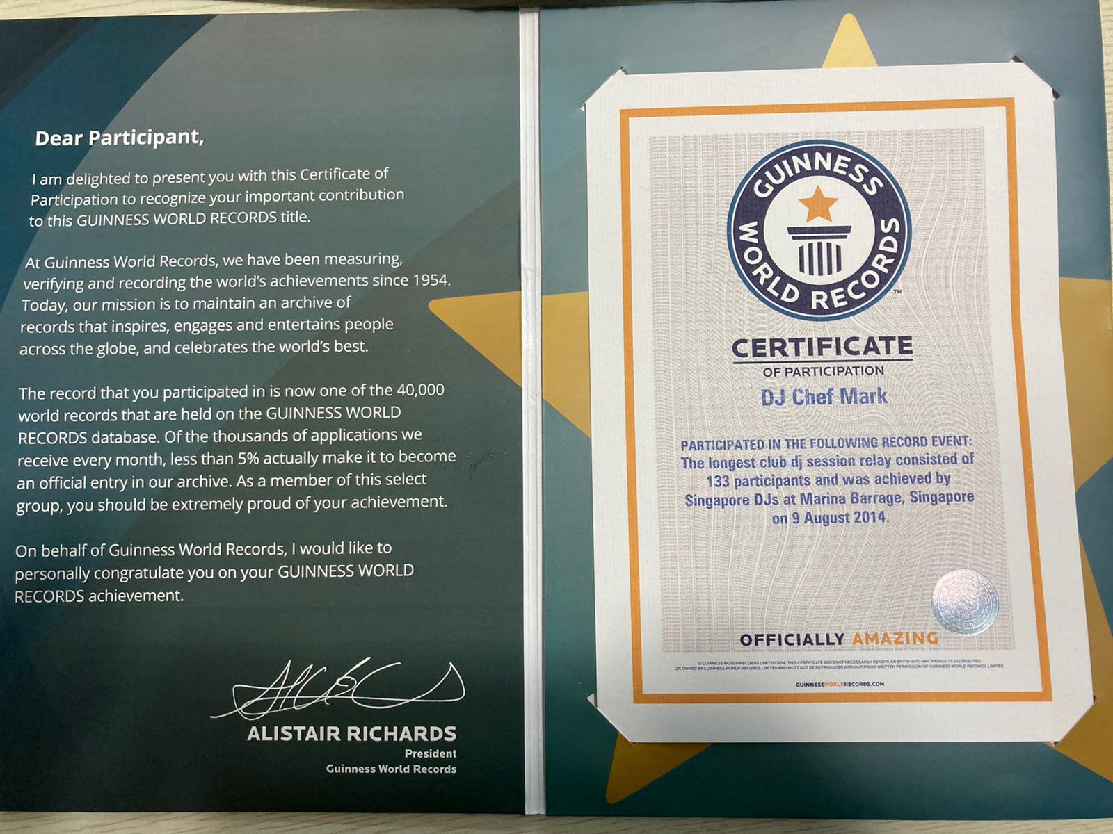 Image of Mark Tay's Guinness Book of World Record's certificate