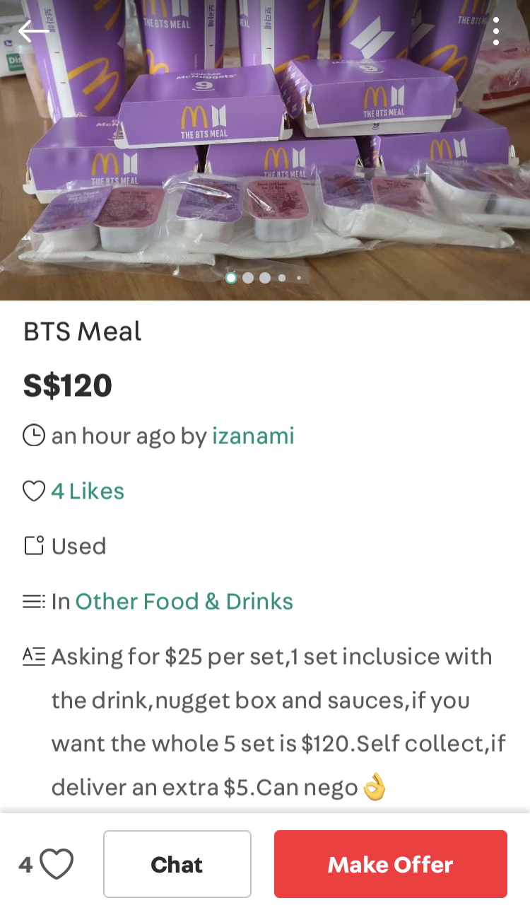 Carousell Flooded With Listings For Mcdonald S Bts Meal Packaging Prices As High As S 150 Mothership Sg News From Singapore Asia And Around The World