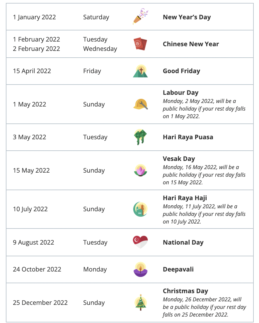 2022 holiday singapore public