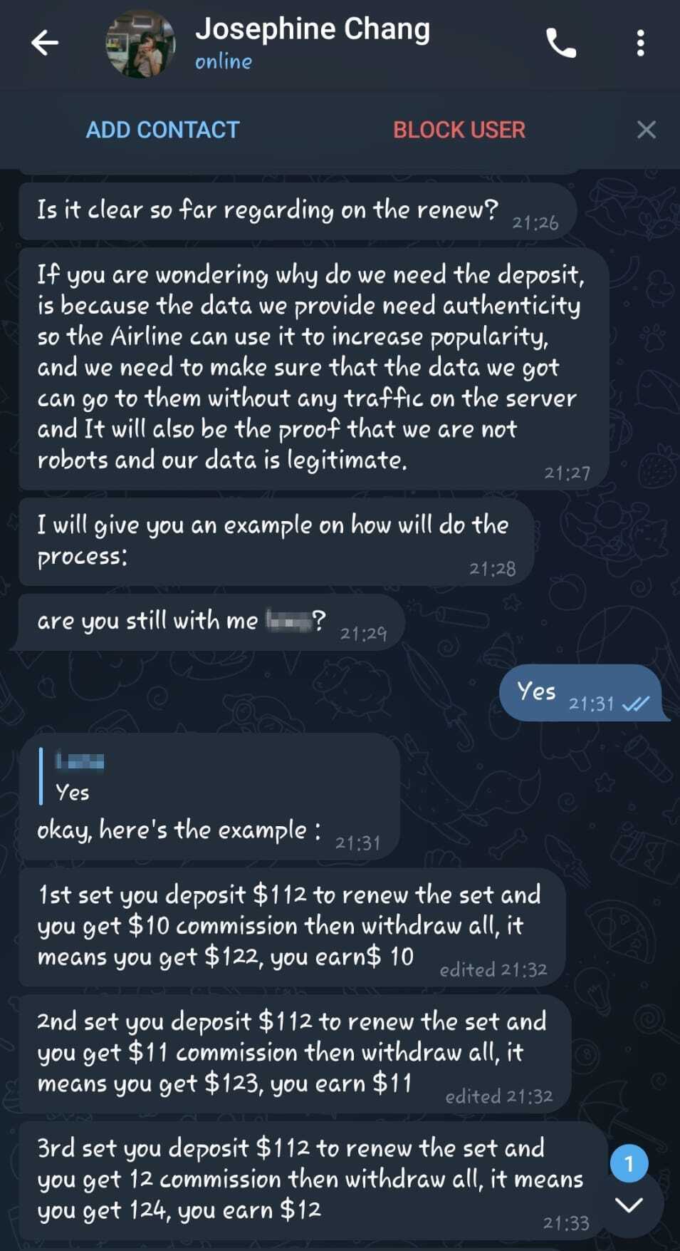 Scam message from Chang