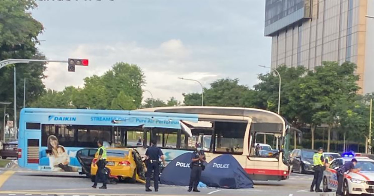 woodlands accident car bus two blue tents