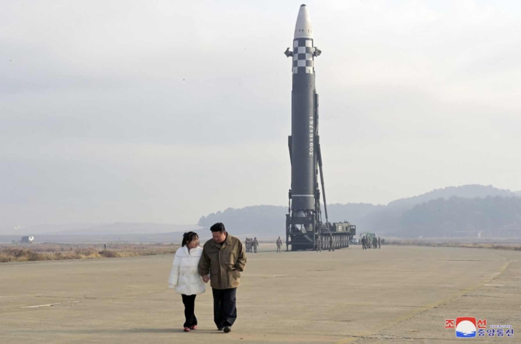 Kim and his daughter walking away from the missile launch