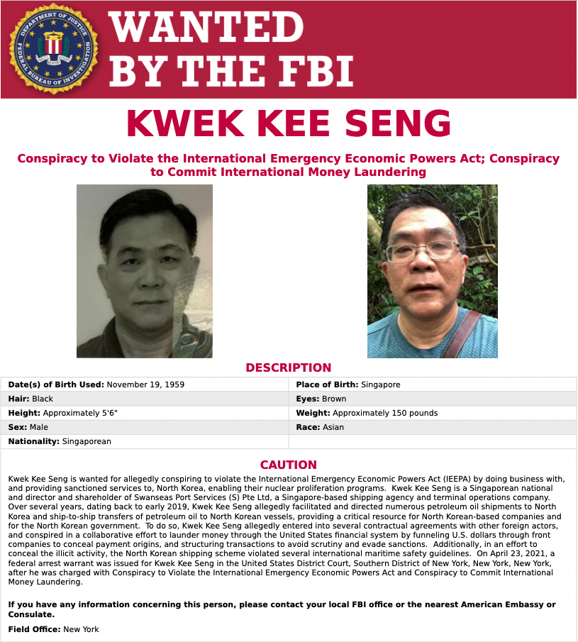 The FBI's wanted posted issued regarding Kwek